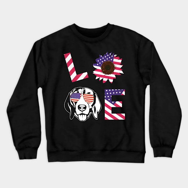 Cool US Flag Sunflowers Glasses Dog Face LOVE Beagle Dog Americans Independence USA July 4th Day Crewneck Sweatshirt by Cowan79